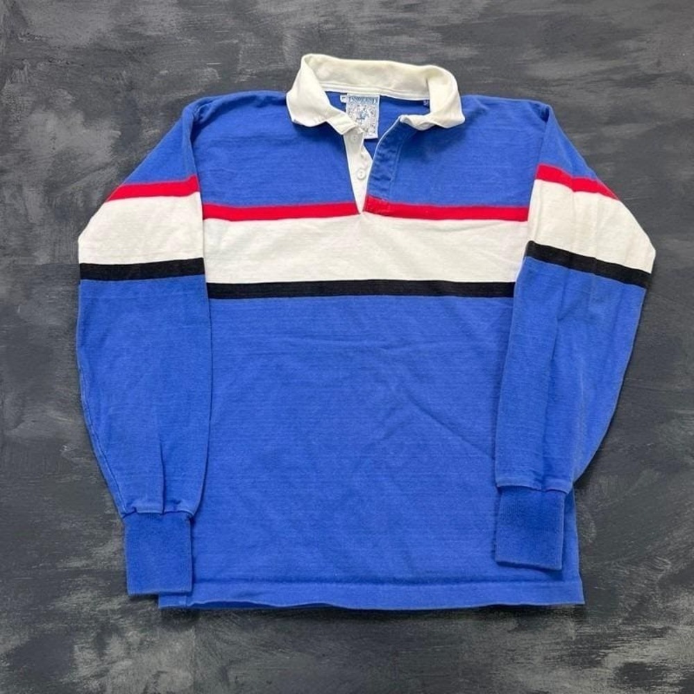 Vintage Lands' End Rugby Shirt Mens Large Blue 1990s Striped USA
